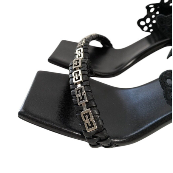 Givenchy G Black Lambskin Chain Ruffle Sandals New EU 37 Square Toe Slingback - Picture 14 of 16